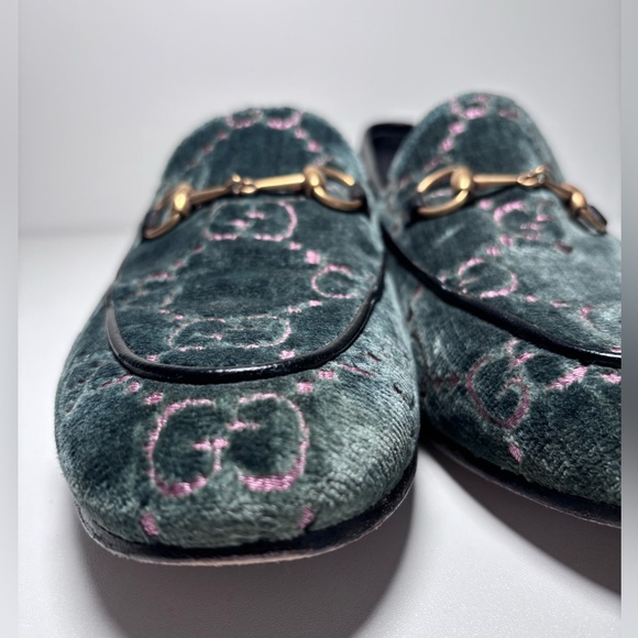 GUCCI Authentic GG Velvet Embossed Slip On Horsebit Loafers Size 39 Green Pink - Picture 4 of 15